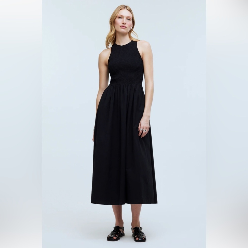 NEW MADEWELL The Petite Melody Smocked Midi Dress Size PXXS Black